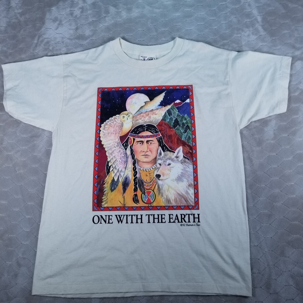 VTG 1992 One With The Earth Native American‎ Single Stitch T-Shirt Sz Lg Natural